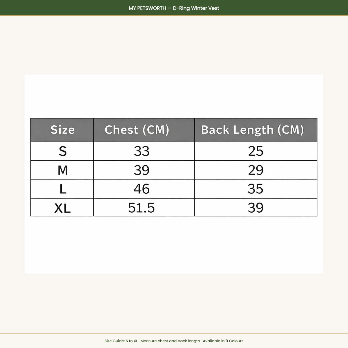 My Petsworth D-Ring Winter Vest size guide — S to XL chest and back length measurements — My Petsworth