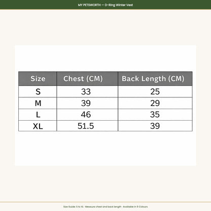 My Petsworth D-Ring Winter Vest size guide — S to XL chest and back length measurements — My Petsworth