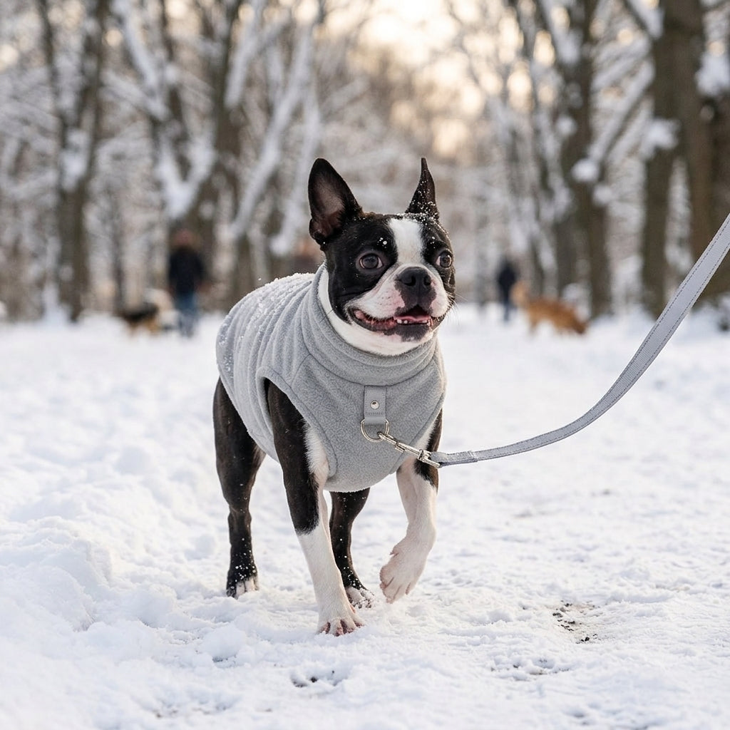 Boston Terrier wearing grey D-ring winter vest on leash in snowy park — My Petsworth