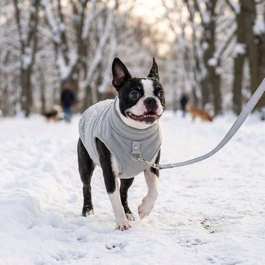 Boston Terrier wearing grey D-ring winter vest on leash in snowy park — My Petsworth