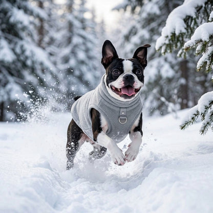Boston Terrier running through snow wearing grey D-ring winter vest — My Petsworth