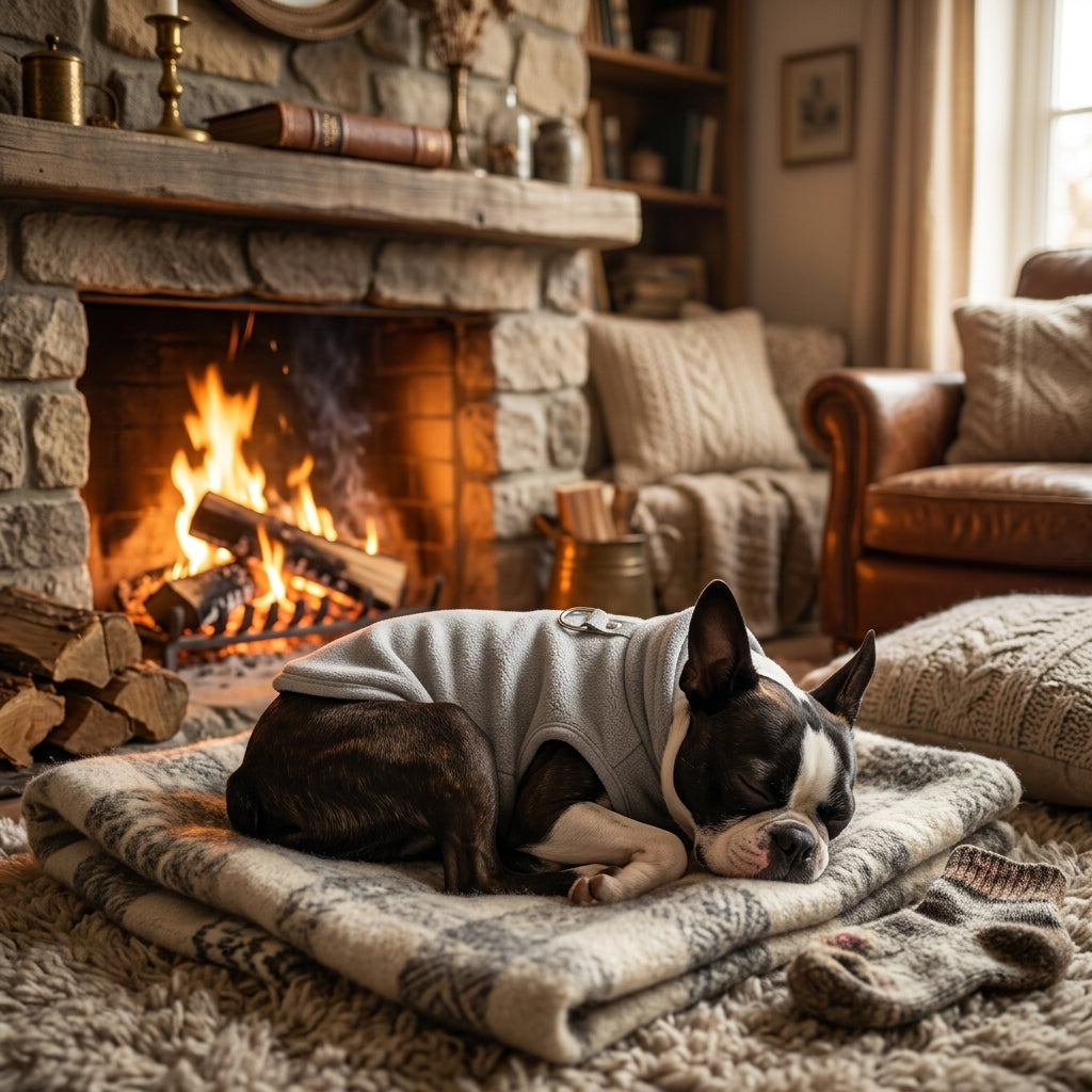 Boston Terrier sitting by fireplace wearing grey D-ring winter vest — My Petsworth