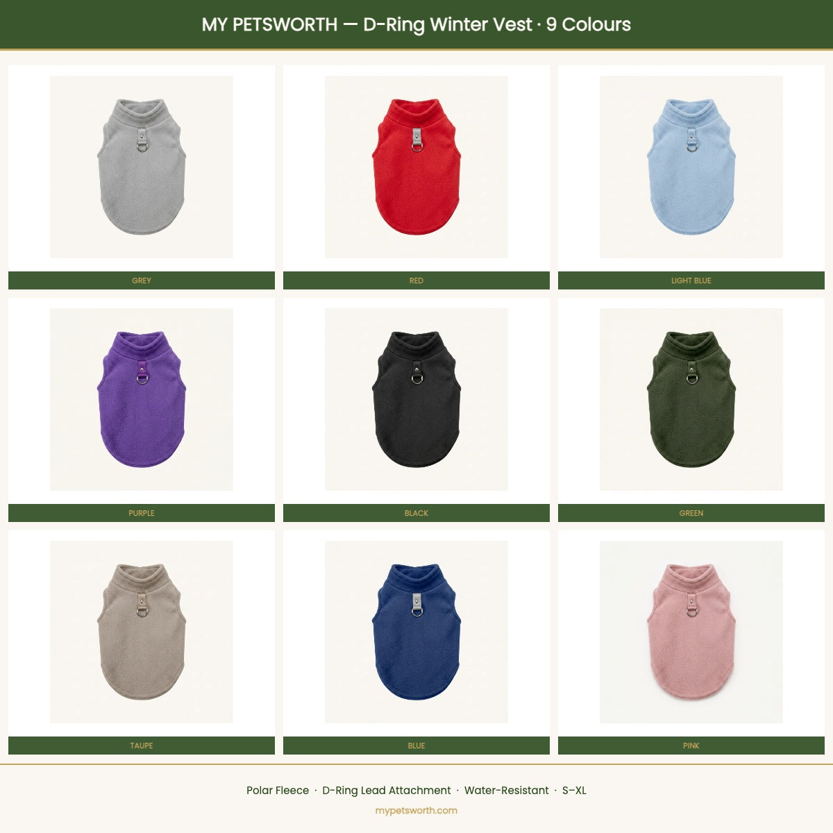 D-ring winter vest colour range — all 9 colours — My Petsworth