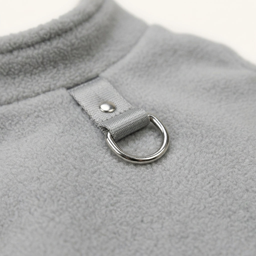Close-up of the D-ring lead attachment on the winter vest — My Petsworth