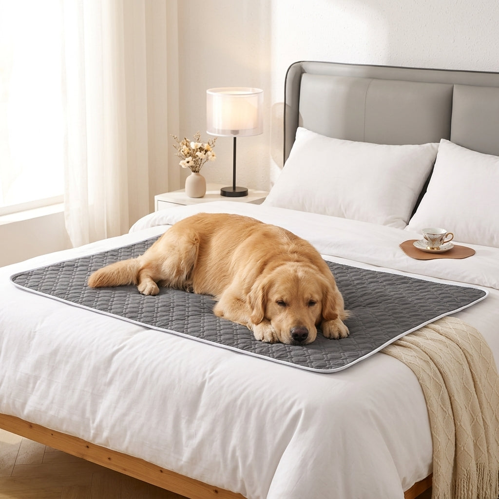 Golden Retriever lying on a large grey washable dog pad — My Petsworth