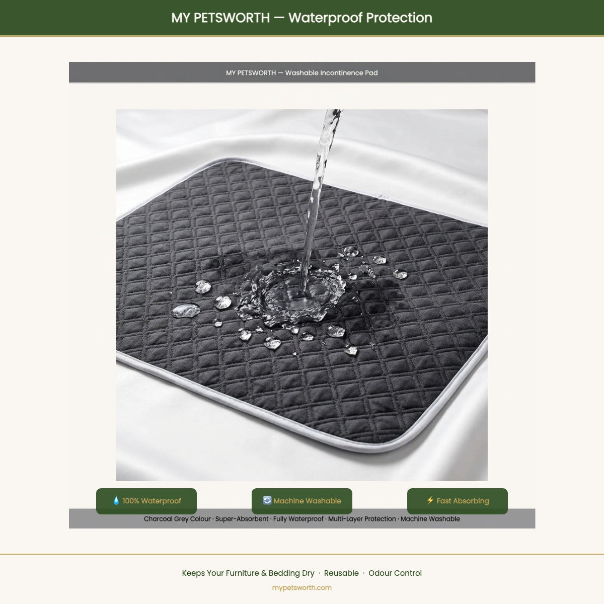 Water resting on the surface of a grey washable dog pad with waterproof backing — My Petsworth