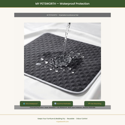 Water resting on the surface of a grey washable dog pad with waterproof backing — My Petsworth
