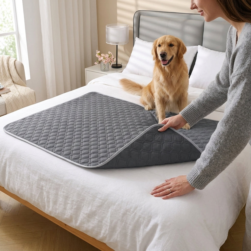 Woman placing a grey washable dog pad, with a Golden Retriever watching — My Petsworth