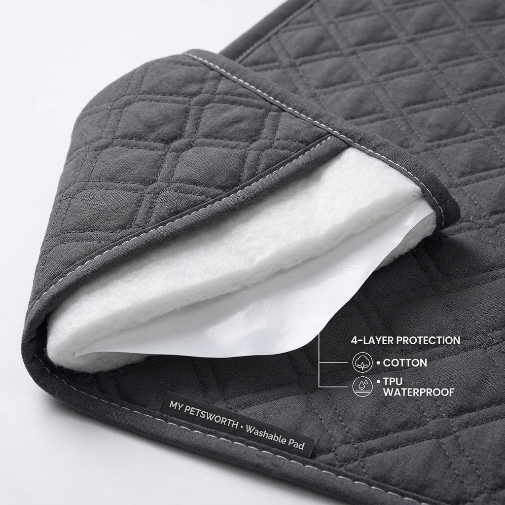 Close-up of the quilted top of a grey dog crate pad, corner folded back to show the layers — My Petsworth