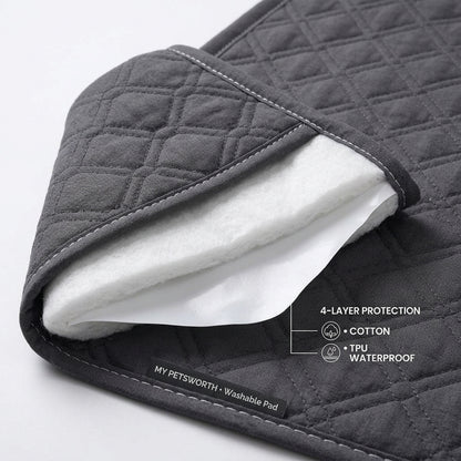 Close-up of the quilted top of a grey dog crate pad, corner folded back to show the layers — My Petsworth