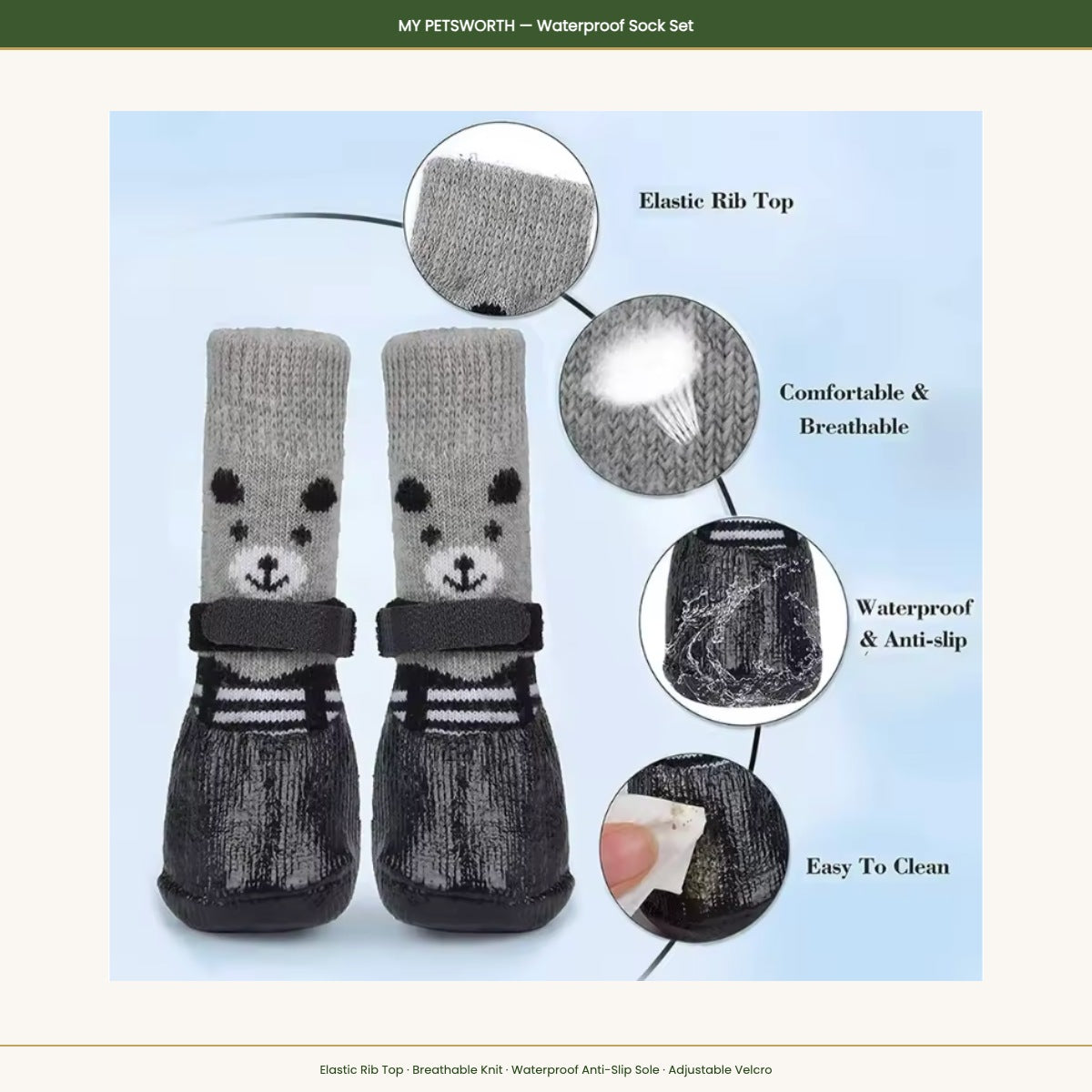 Feature close-up of grey dog socks showing elastic rib top breathable knit and anti-slip sole — My Petsworth