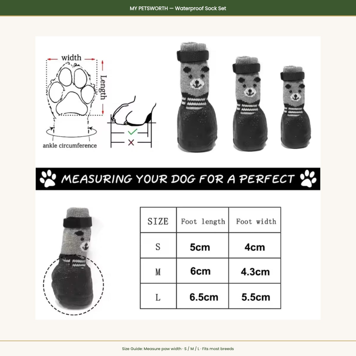 Size guide for waterproof dog socks showing paw measurement diagram and size table S to L — My Petsworth