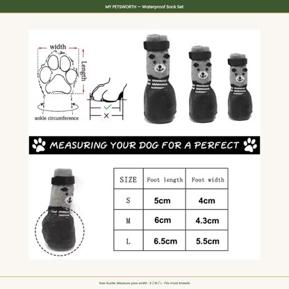 Size guide for waterproof dog socks showing paw measurement diagram and size table S to L — My Petsworth