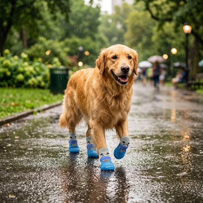 Golden Retriever walking on rainy park path wearing grey waterproof dog sock set — My Petsworth