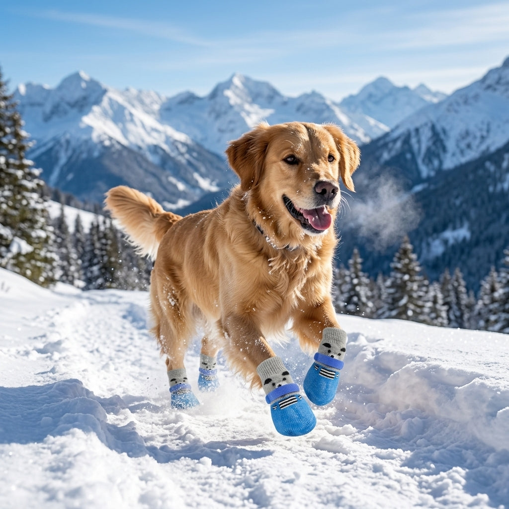 Golden Retriever running on snowy mountain trail wearing grey waterproof dog socks — My Petsworth