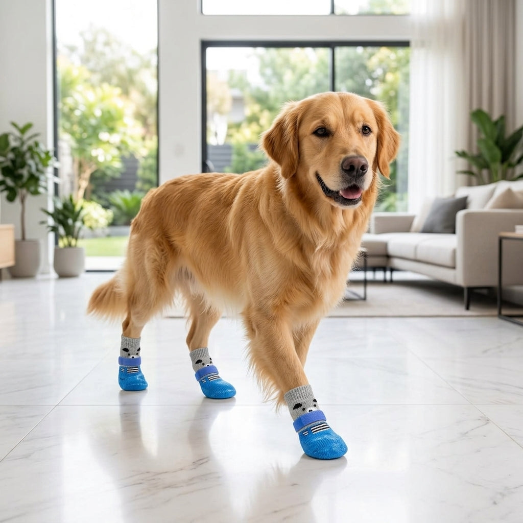 Golden Retriever walking on white marble floor indoors wearing grey waterproof dog socks — My Petsworth