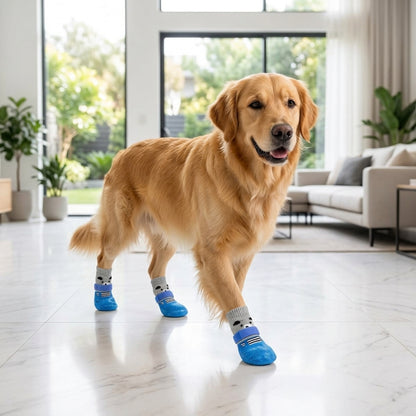 Golden Retriever walking on white marble floor indoors wearing grey waterproof dog socks — My Petsworth