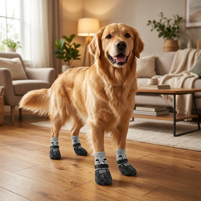 Golden Retriever standing on hardwood floor in living room wearing black waterproof dog socks — My Petsworth