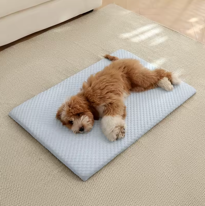 Puppy lying flat on light grey ice silk cooling mat in living room — My Petsworth