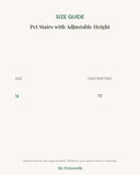 Size guide for the pet stairs with adjustable height showing measurements in centimetres for each size