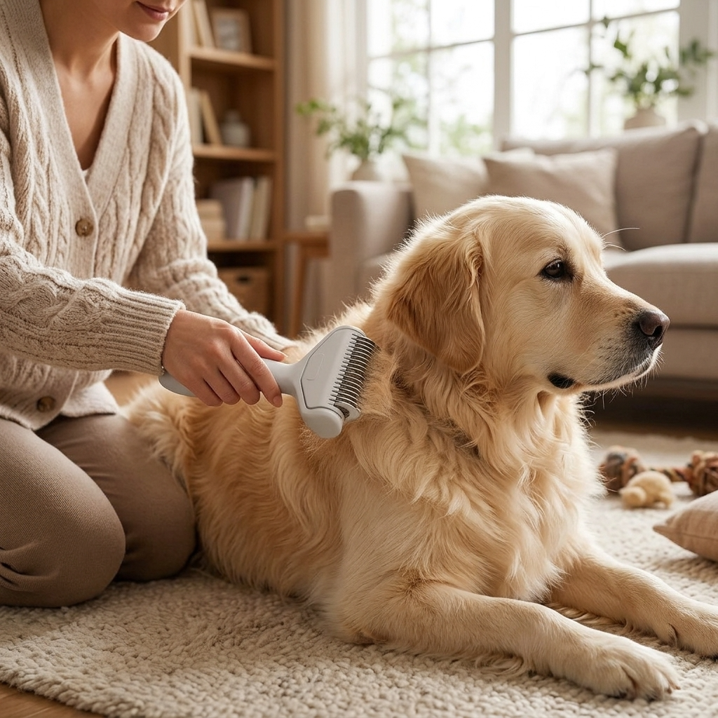 Dog being groomed with curved deshedding comb — My Petsworth