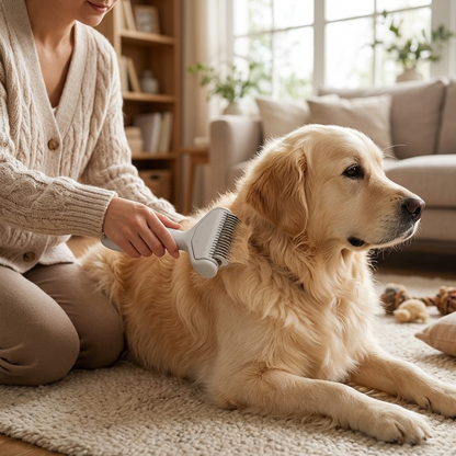 Dog being groomed with curved deshedding comb — My Petsworth