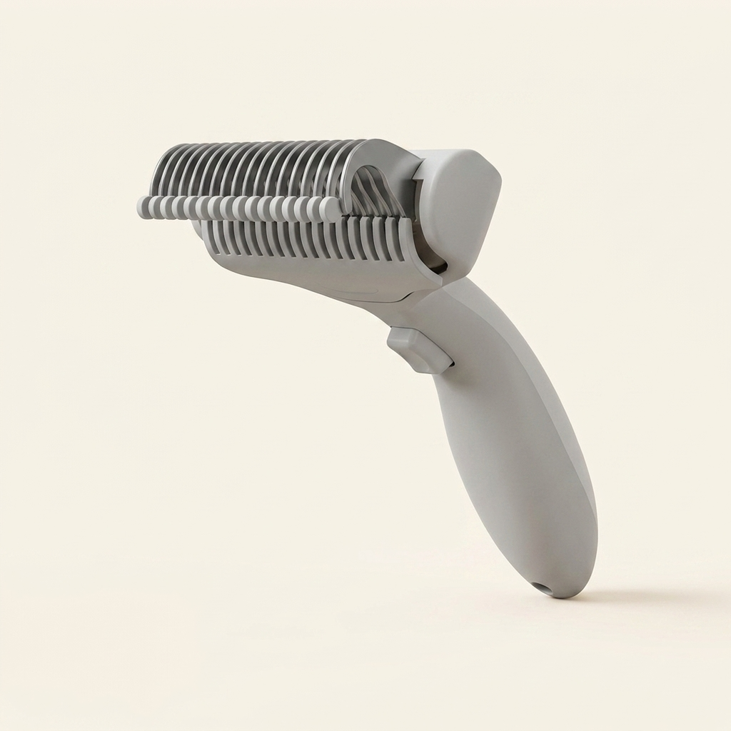 Pet deshedding comb with curved stainless steel teeth on cream background — My Petsworth