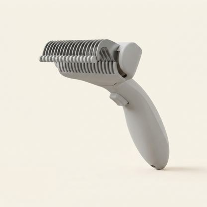 Pet deshedding comb with curved stainless steel teeth on cream background — My Petsworth