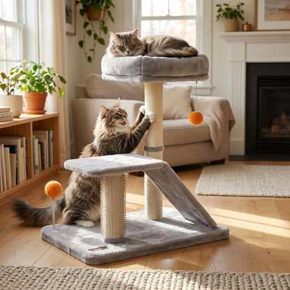 Cat resting on the platform of the two tier scratching post — My Petsworth
