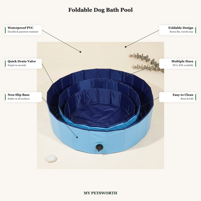 Bath Pool features - waterproof PVC, quick drain, foldable design, non-slip base