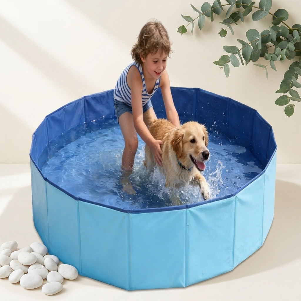 Bath Pool lifestyle - girl and Golden Retriever playing in blue pool