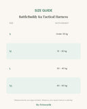 Size chart for the tactical dog harness, S to XL in centimetres