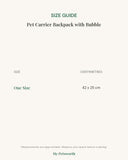 Size guide for the pet carrier backpack with bubble showing measurements in centimetres for each size