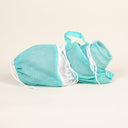 Teal cat bathing bag with adjustable mesh restraint, studio photo