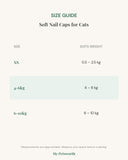 Size guide for the soft nail caps for cats showing measurements in centimetres for each size