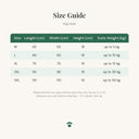 Size guide for the comfort paw dog bed showing measurements in centimetres for each size