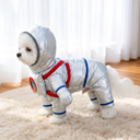 Side view of the padded silver astronaut dog costume with hood — My Petsworth