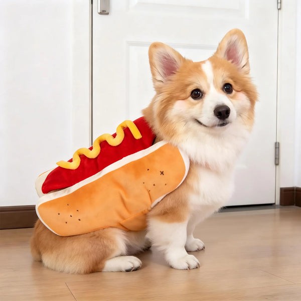 Corgi wearing a plush hot dog costume with bun, sausage and mustard — My Petsworth