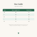 Size guide for the 100% cotton pyjamas for small dogs showing measurements in centimetres for each size