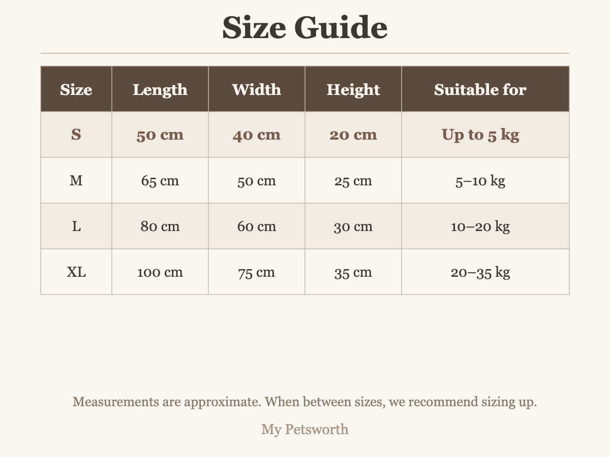 Size chart for the dog bed with washable cover — My Petsworth