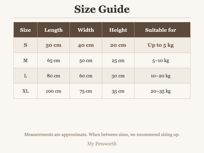 Size chart for the dog bed with washable cover — My Petsworth