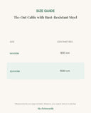 Size guide for the tie-out cable with rust-resistant steel showing measurements in centimetres for each size
