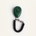 Dark Green dog training clicker with adjustable wrist strap, studio photo