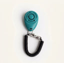 Teal dog training clicker with adjustable wrist strap, studio photo