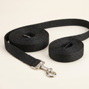 Black nylon dog training lead for recall & outdoor walking, studio photo