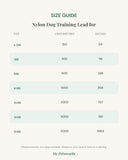 Size guide for the nylon dog training lead for with measurements in centimetres and inches