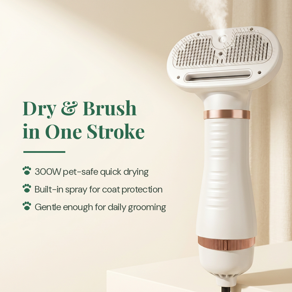Pet hair dryer brush attachments and settings detail