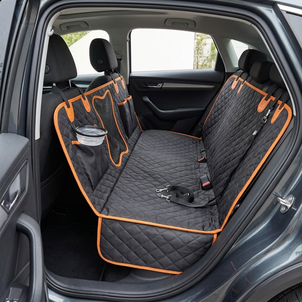 Dog car seat cover fitted across a car back seat — My Petsworth