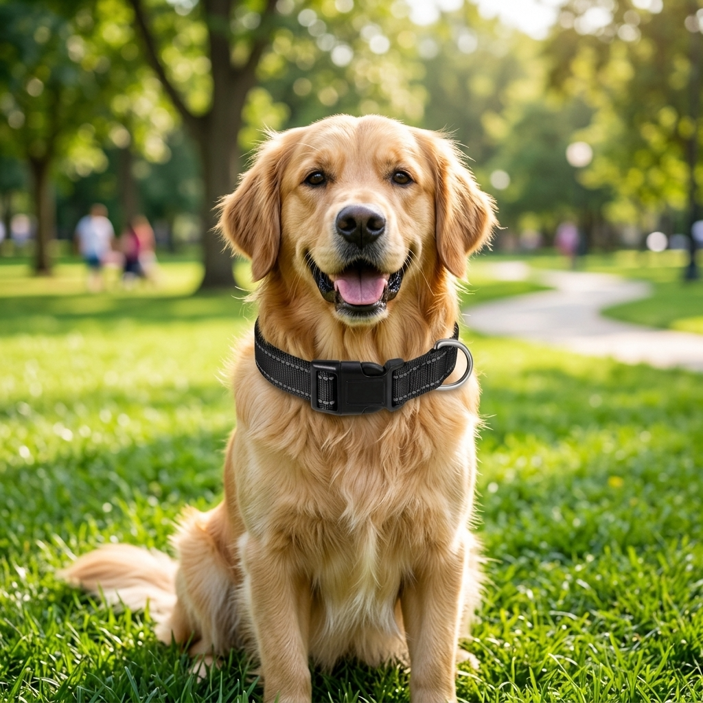 Golden retriever wearing black reflective nylon collar sitting in park — My Petsworth