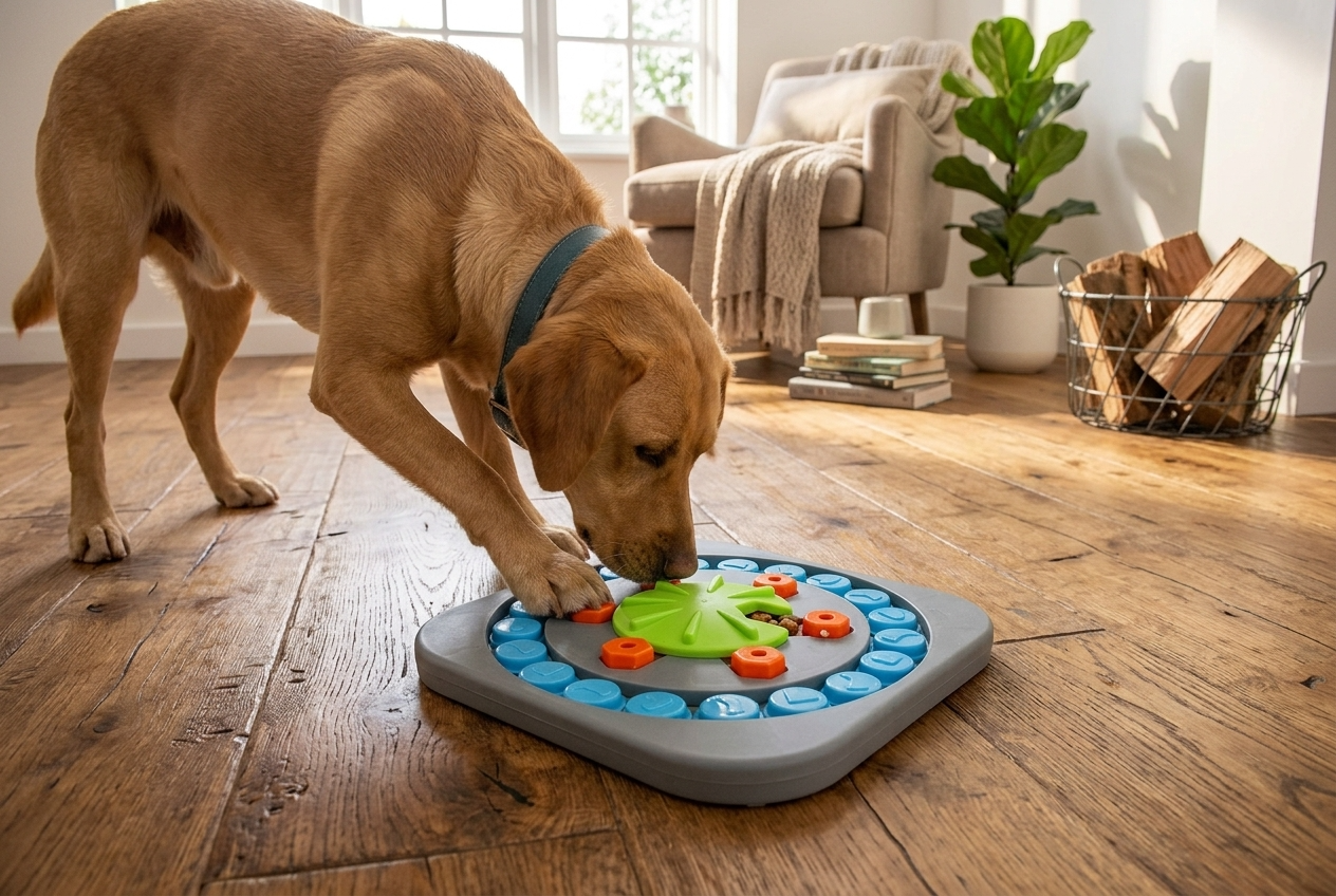 Golden retriever dog using interactive puzzle wheel slow feeder treat toy — My Petsworth